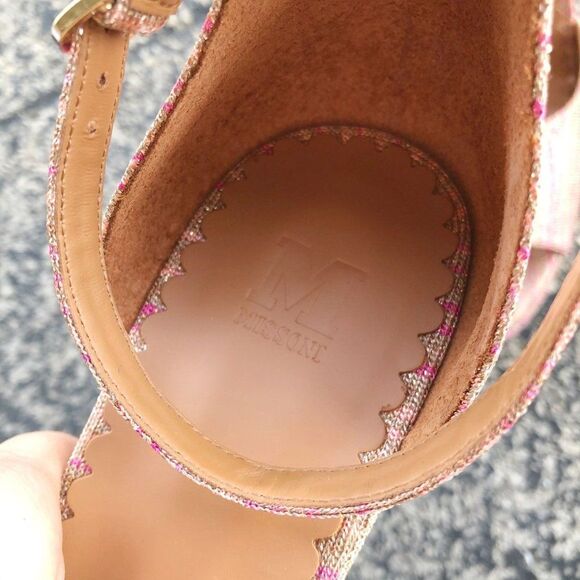 New M Missoni Pink Gold Stripe Knit Wedge Platform Sandals Size 41 - Picture 7 of 11